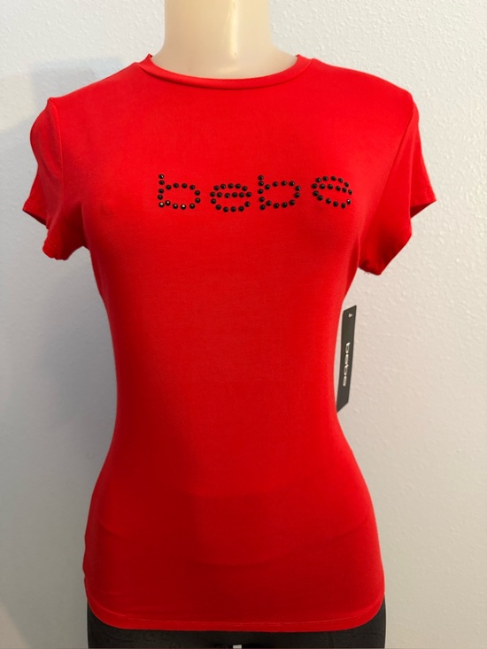 bebe Tops - Bebe Red with Black Rhinestone Logo Tee shirt short sleeve NWT